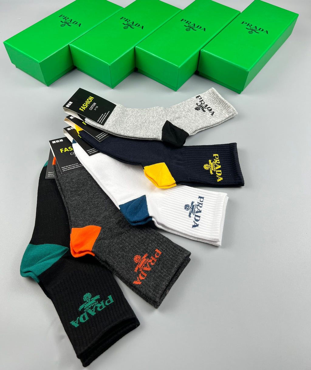 Prada Bright Heel And Toe Accents Crew Socks - 5-Pair Set