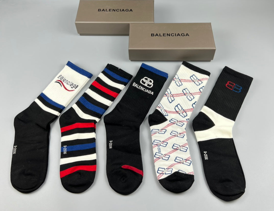 Balenciaga Varied Bb And Wordmark Details Crew Socks - 5-Pair Set