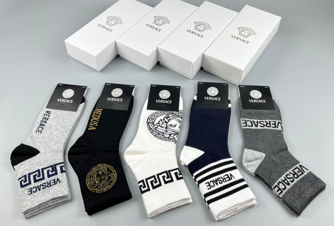 Versace Cotton blend Bold Lettering And Greek-Key Details Ankle Socks - 5-Pair Set