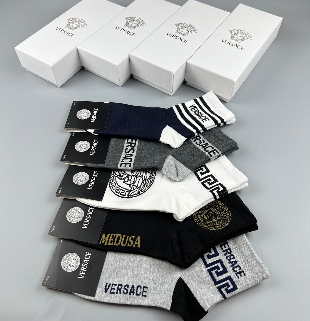 Versace Crew Socks - Black, White and Grey 5-Pair Box