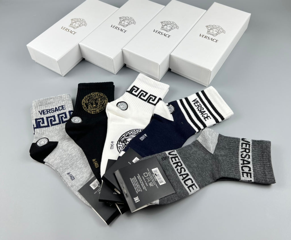 Versace Cotton blend Bold Lettering And Greek-Key Details Ankle Socks - 5-Pair Set