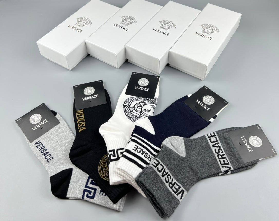 Versace Cotton blend Bold Lettering And Greek-Key Details Ankle Socks - 5-Pair Set