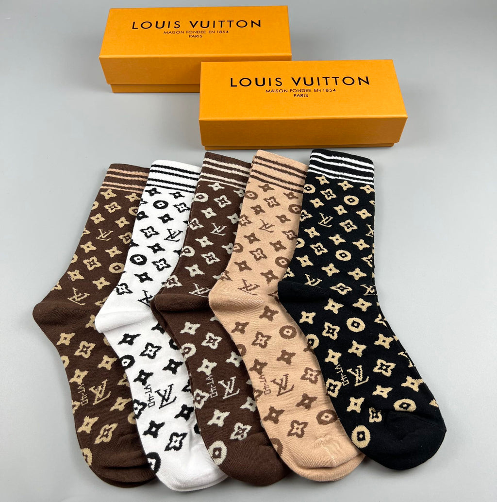 Louis Vuitton Monogram-Style Patterns Crew Socks - 5-Pair Set