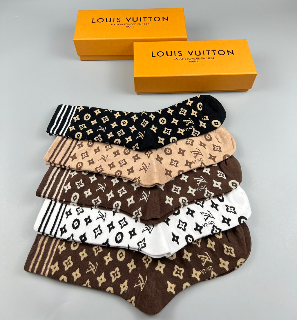 Louis Vuitton Monogram-Style Patterns Crew Socks - 5-Pair Set