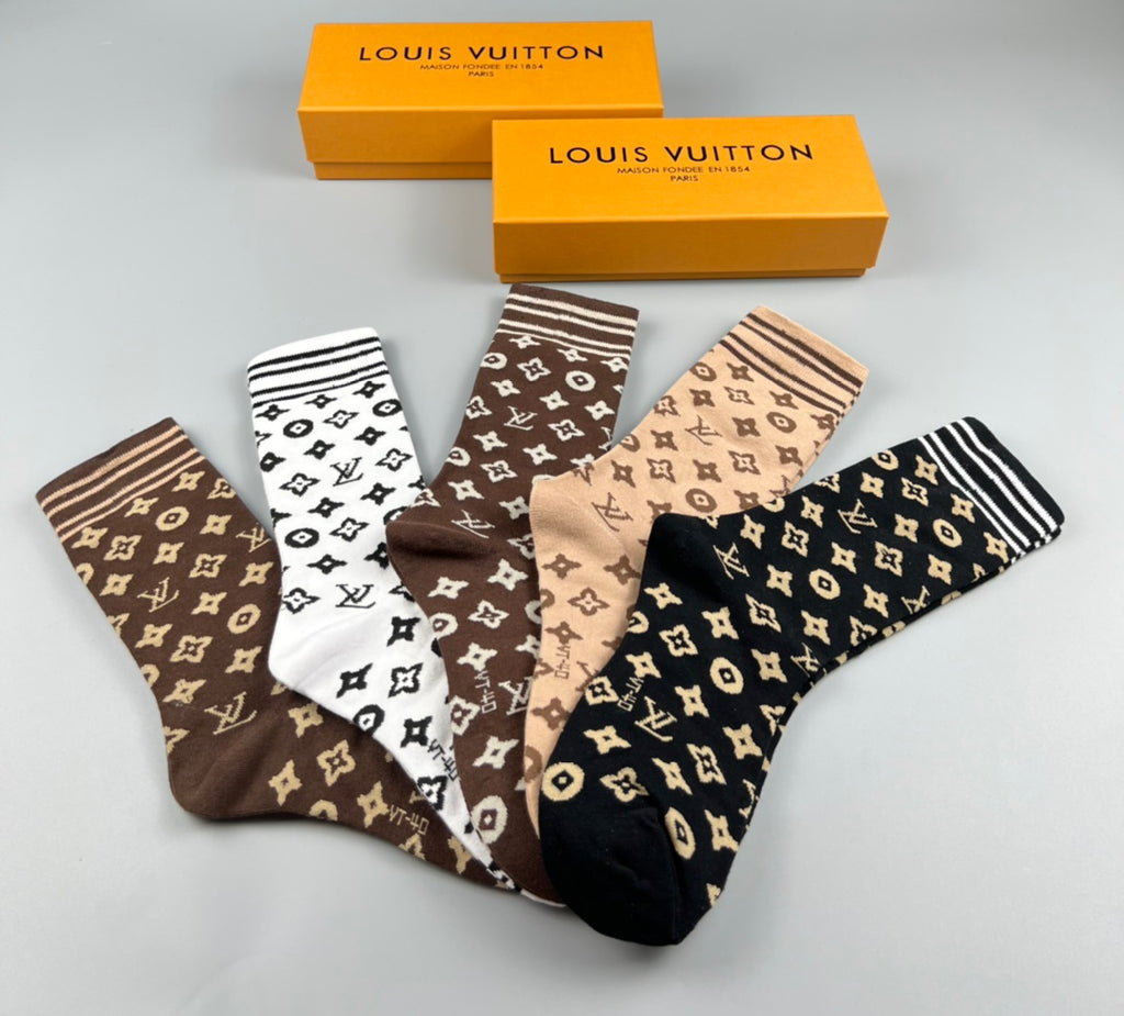 Louis Vuitton Monogram-Style Patterns Crew Socks - 5-Pair Set