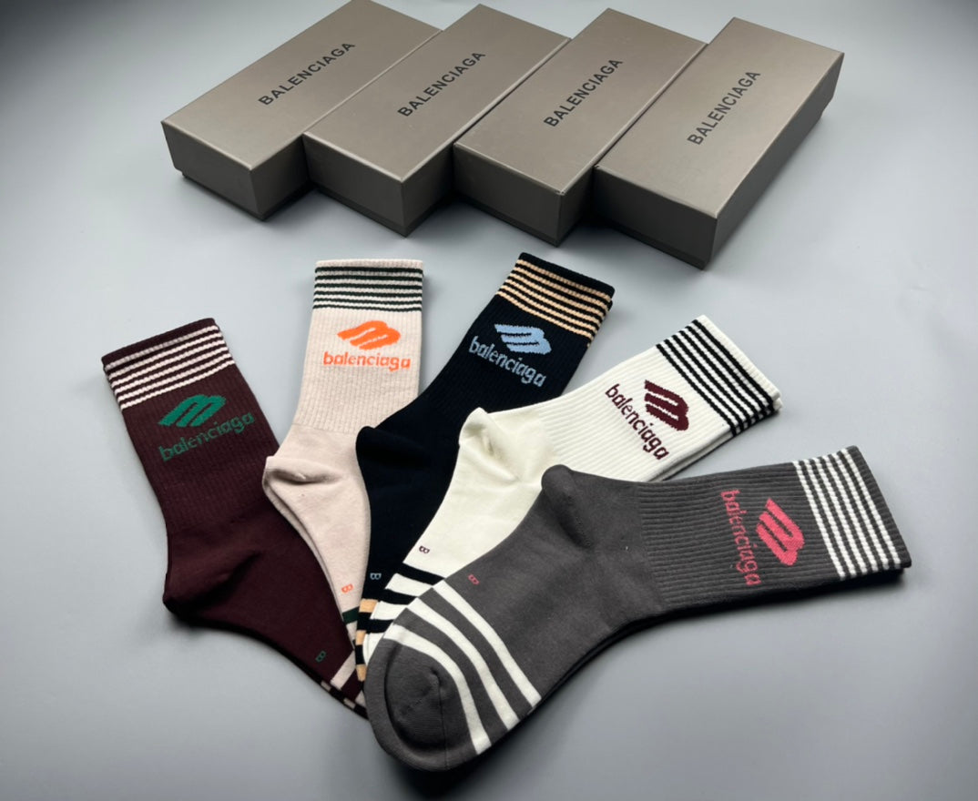Balenciaga Cotton Stripe And Wordmark Details Crew Socks