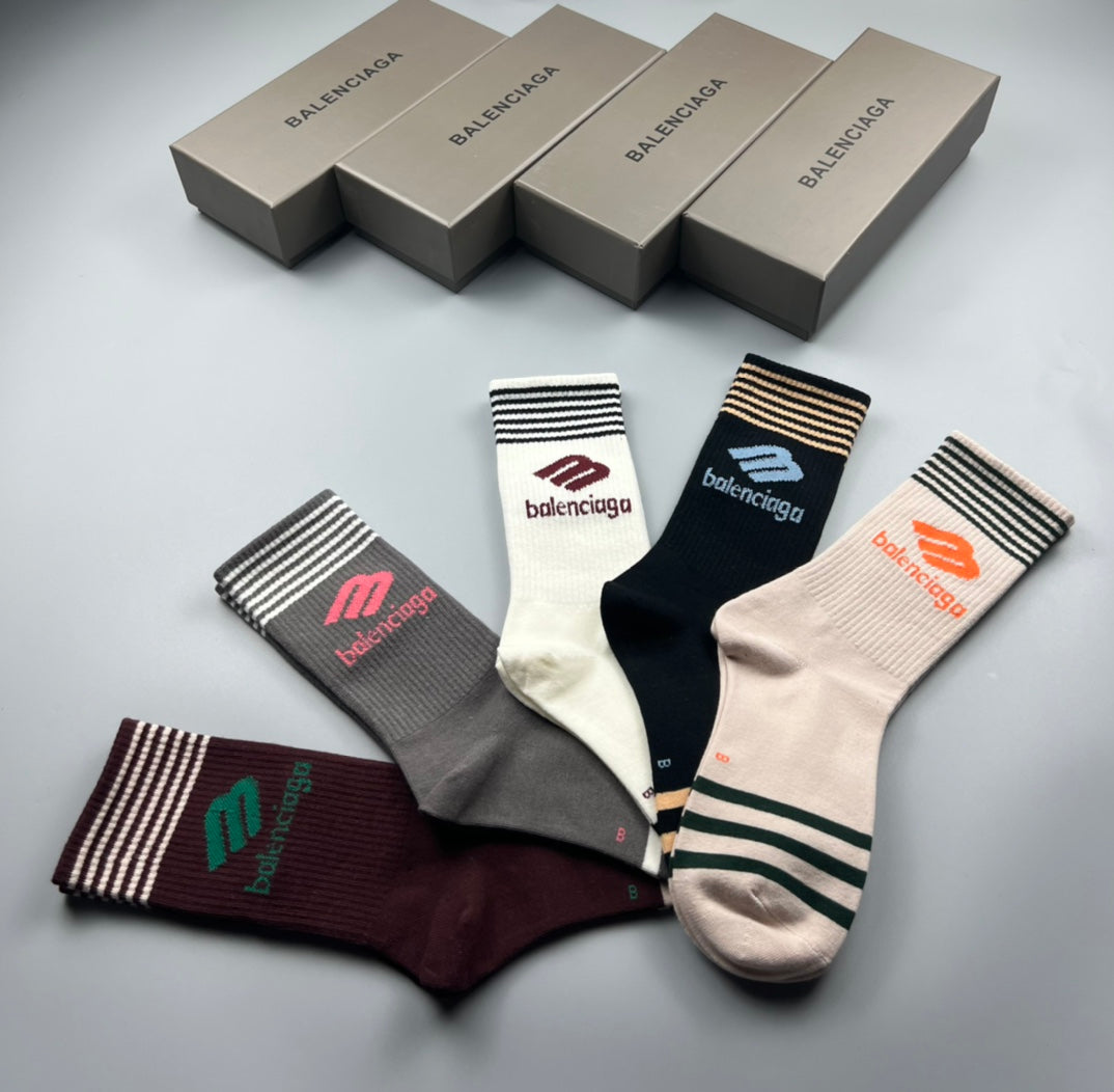 Balenciaga Cotton Stripe And Wordmark Details Crew Socks