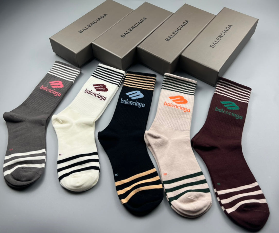 Balenciaga Cotton Stripe And Wordmark Details Crew Socks