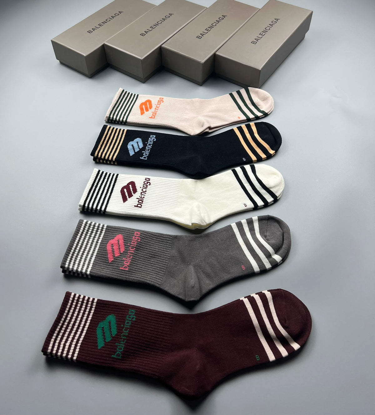 Balenciaga Cotton Stripe And Wordmark Details Crew Socks
