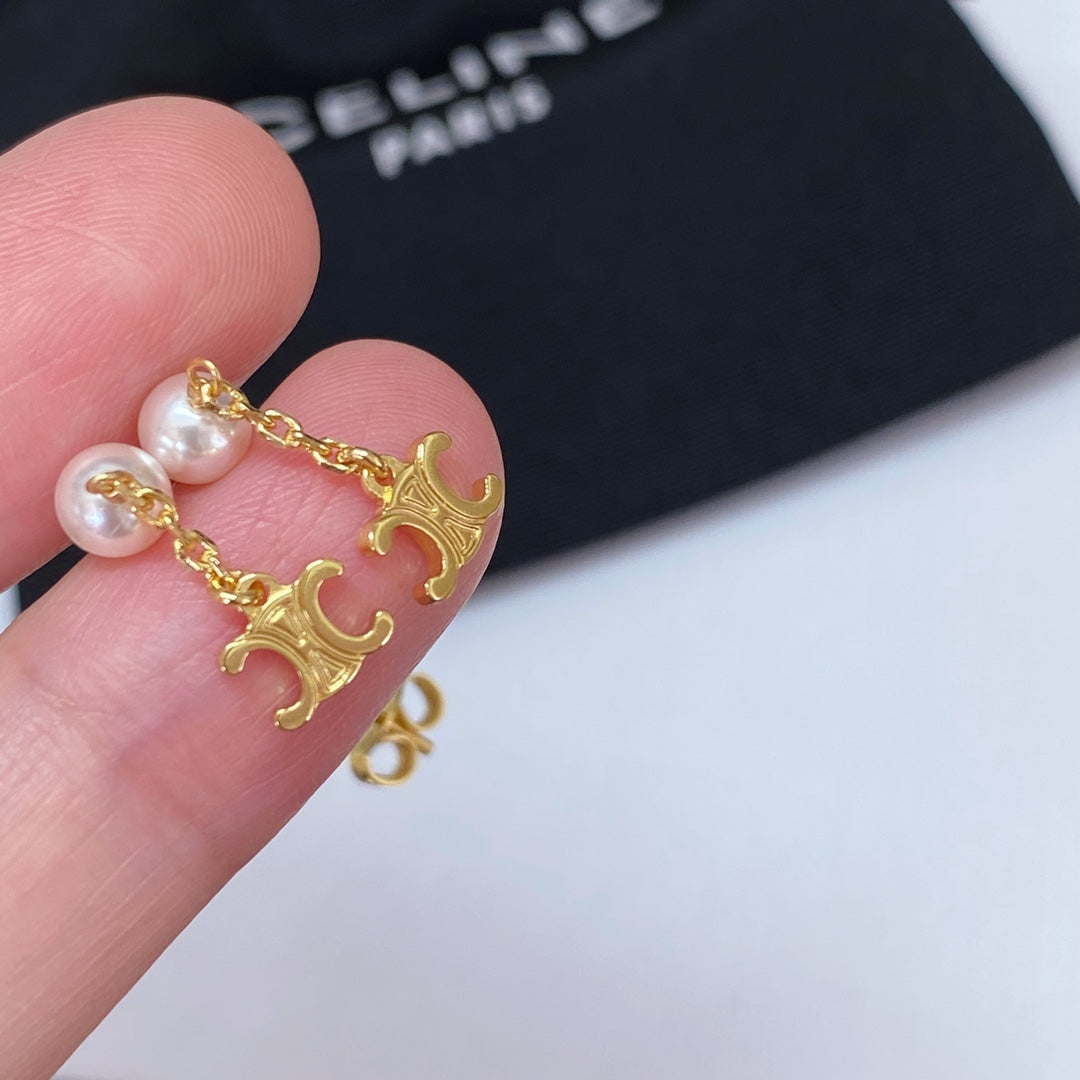 Triomphe-Inspired Emblem Pearl-Detail Earrings close-up view