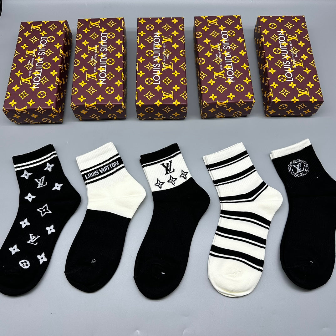 Louis Vuitton Mixed Initial And Stripe Details Crew Socks - 5-Pair Set