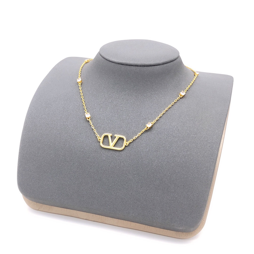 V Emblem Crystal-Accent Pendant Necklace – Design 01 close-up view