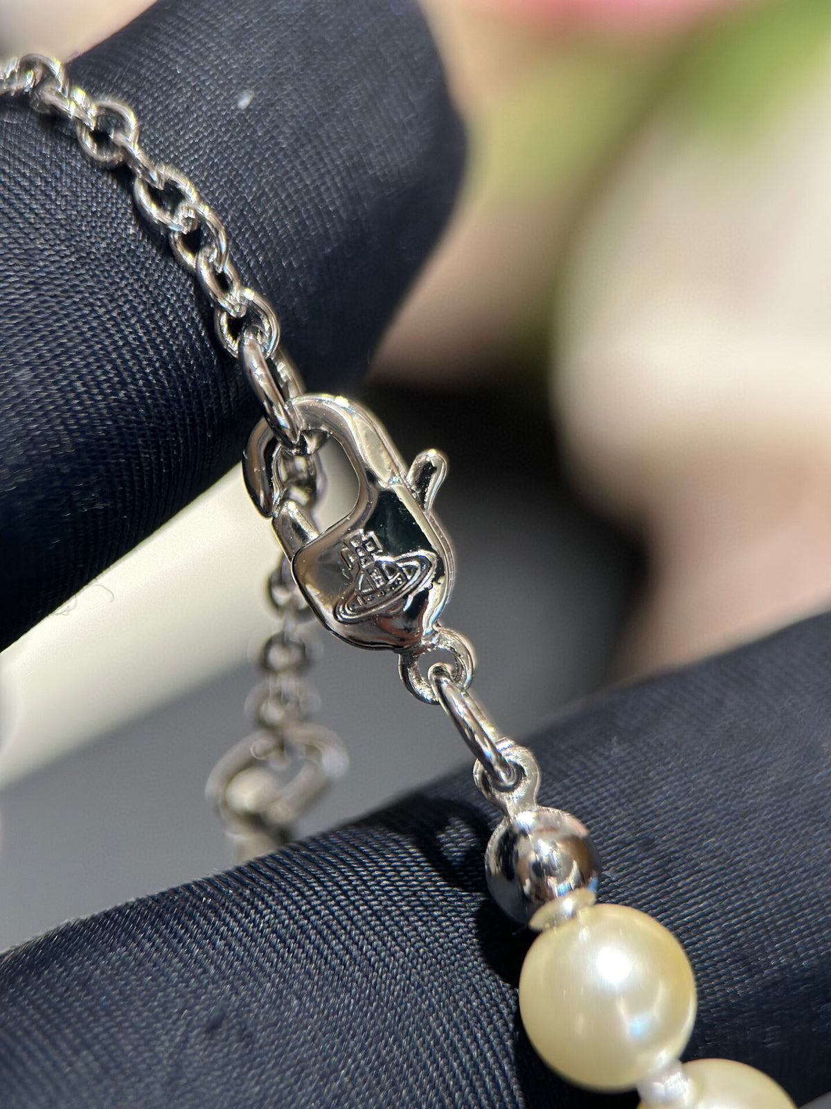 Orb Pendant Necklace in Polished Metal-Tone – Pearl Detail – Design 013 detail view