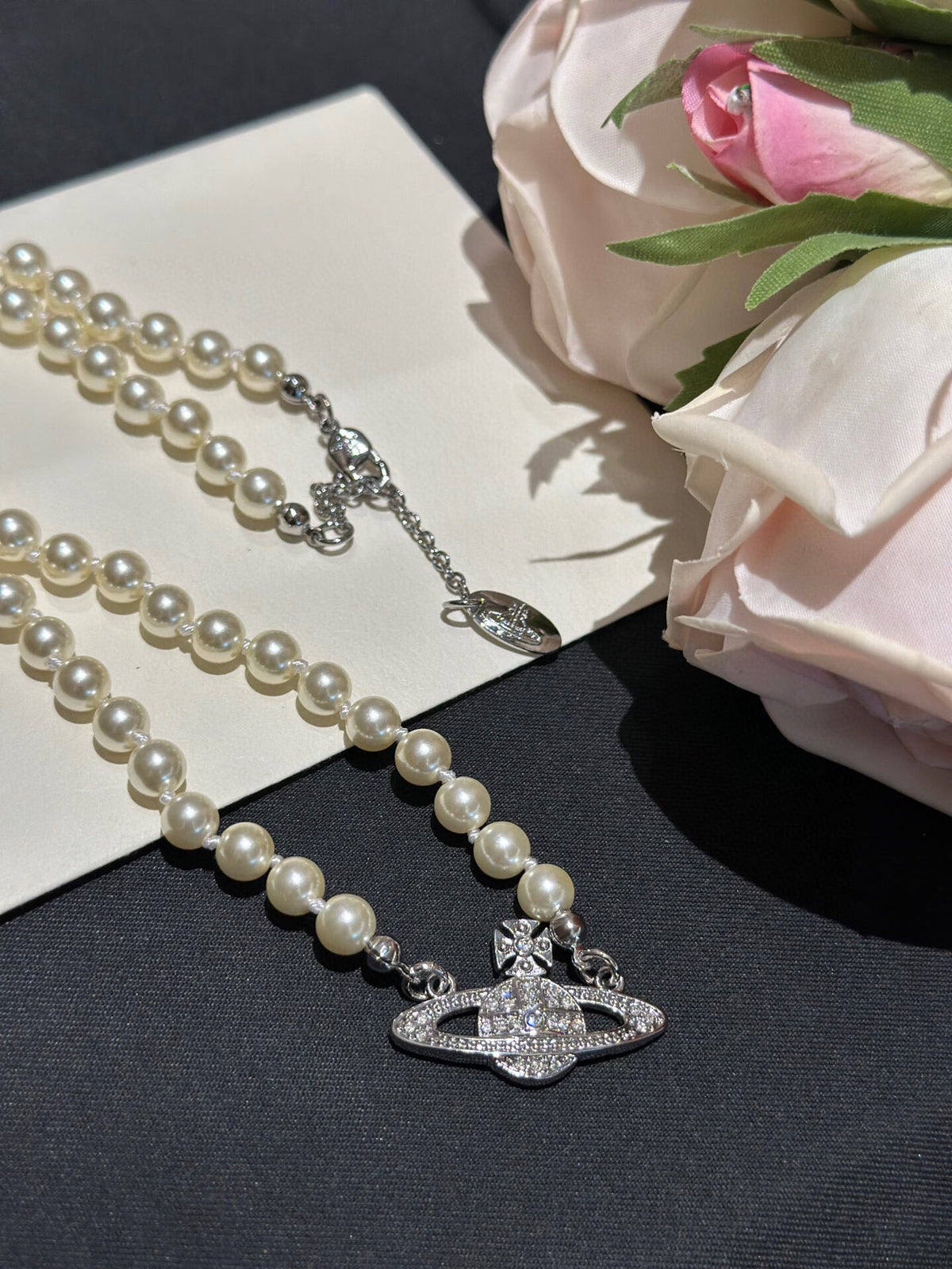 Orb Pendant Necklace in Polished Metal-Tone – Pearl Detail – Design 013 side detail