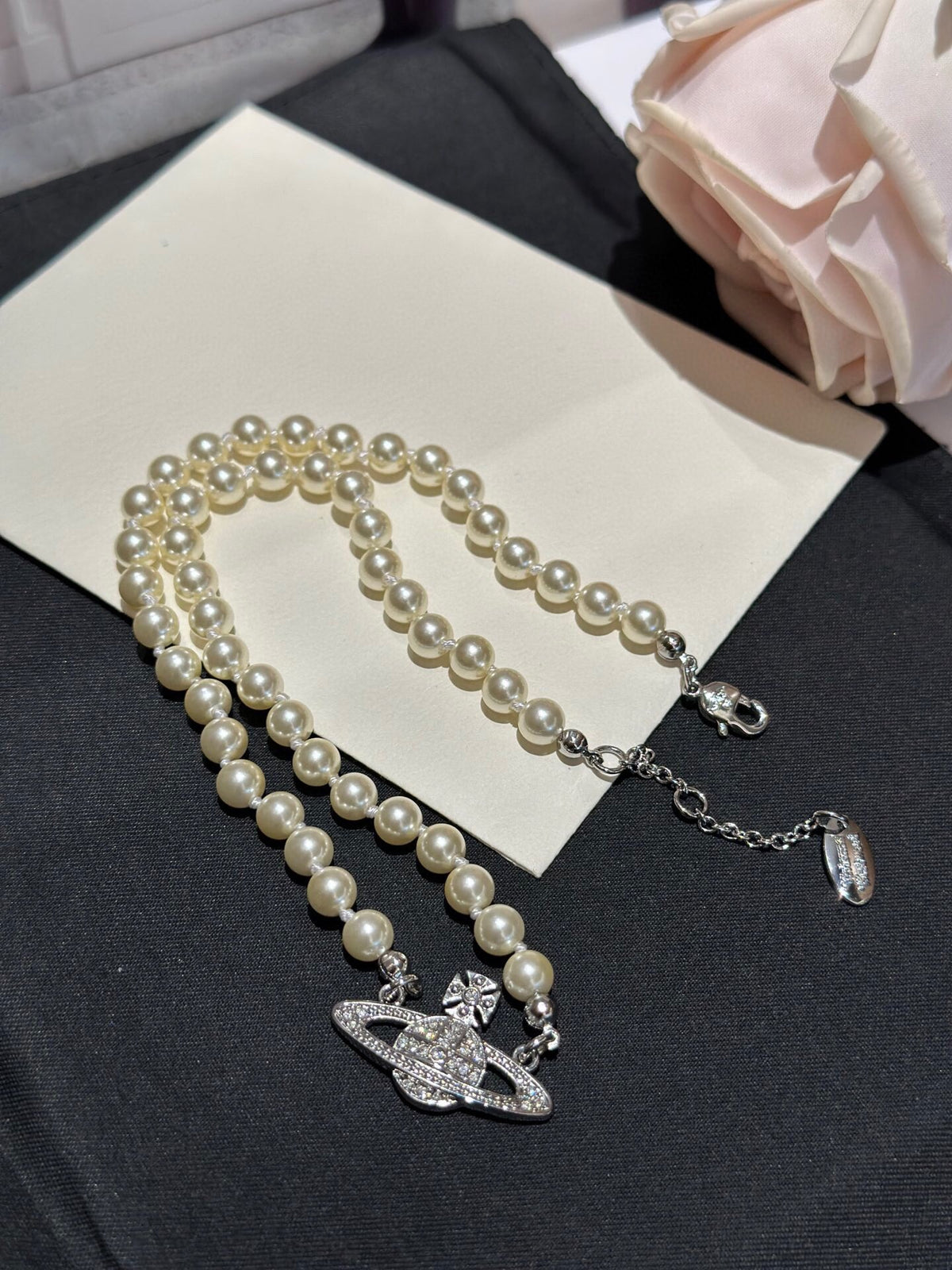 Orb Pendant Necklace in Polished Metal-Tone – Pearl Detail – Design 013 detail view