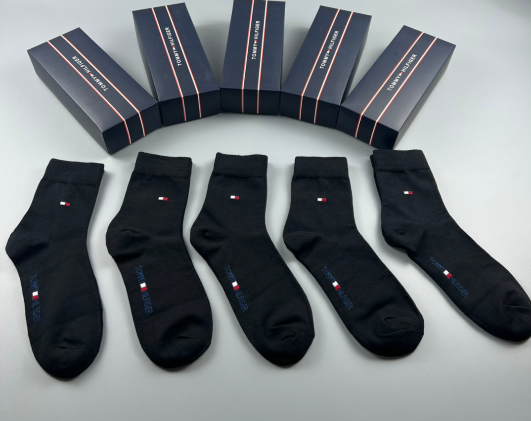 Tommy Hilfiger Cotton Visible Colour, Cuff And Emblem Details Crew Socks - 5-Pair Set