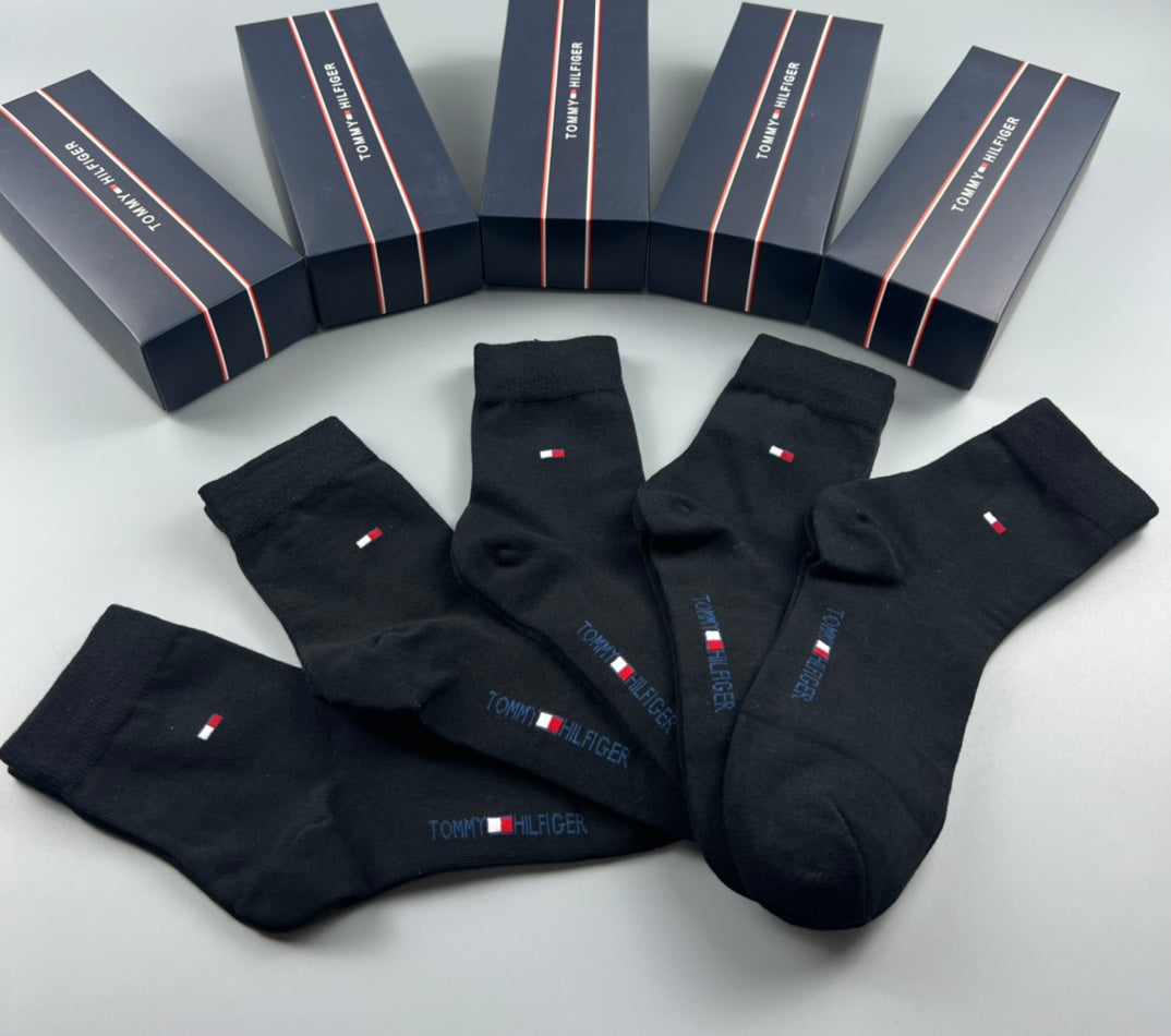 Tommy Hilfiger Cotton Visible Colour, Cuff And Emblem Details Crew Socks - 5-Pair Set