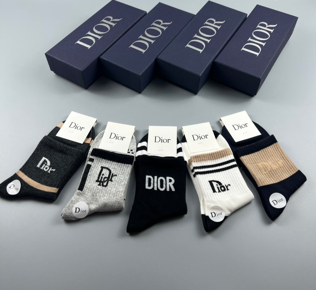 Dior Black and White Print Crew Crew Socks 5-Pair Box Collection