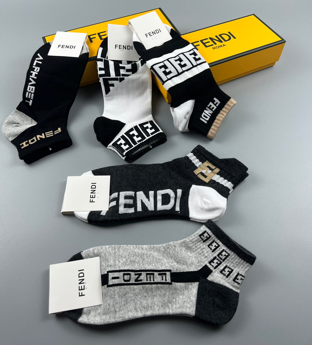 Fendi Cotton Bold Letter-Pattern Details Ankle Socks - 5-Pair Set