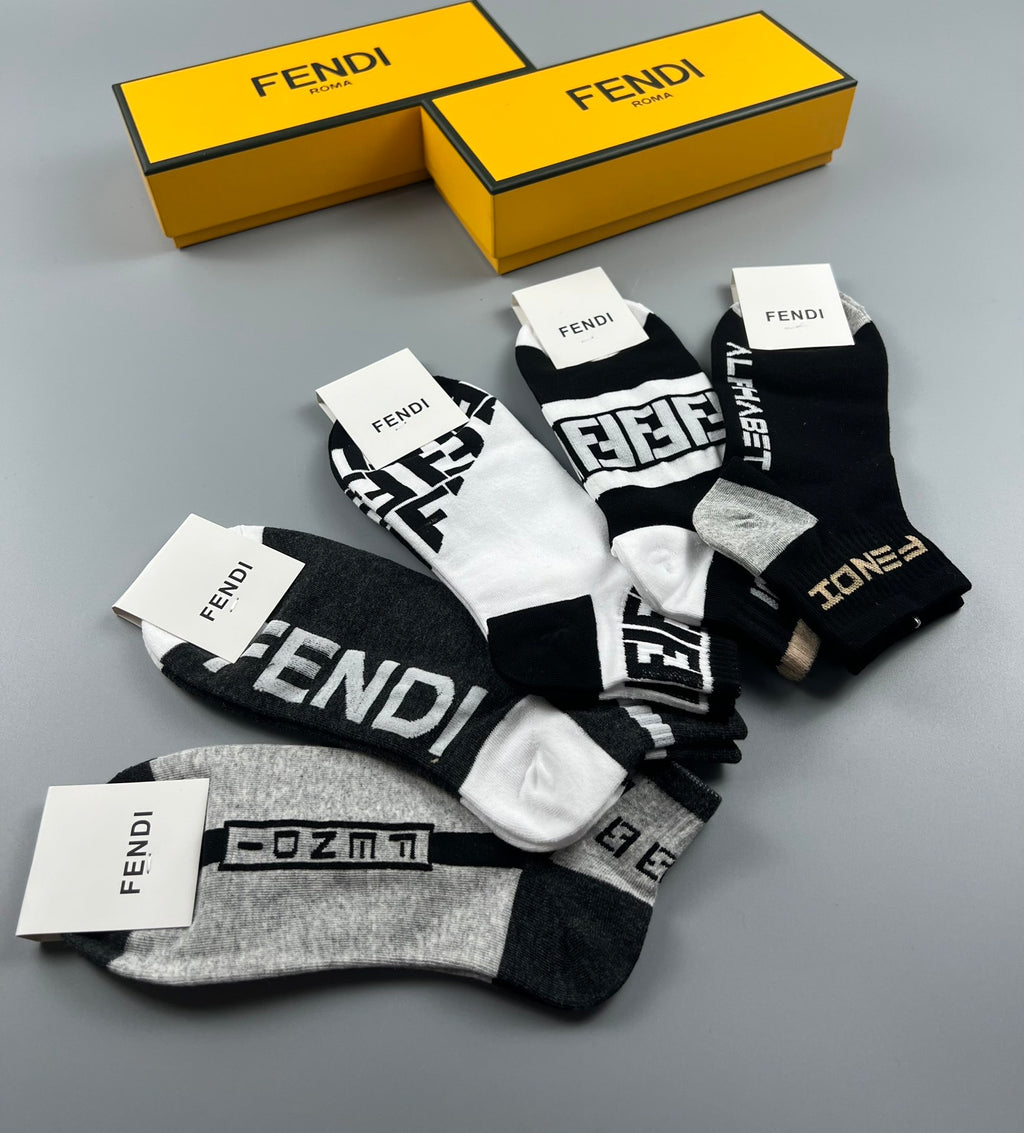 Fendi Cotton Bold Letter-Pattern Details Ankle Socks - 5-Pair Set