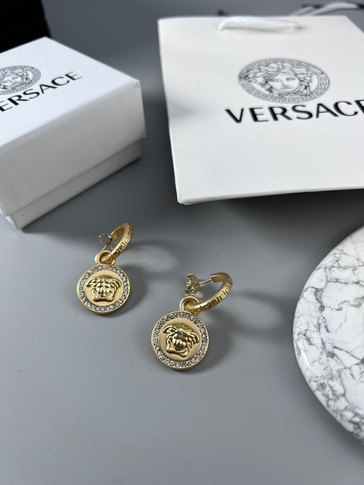 Statement Emblem Stud Earrings in Polished Metal-Tone – Design 02 styled product view