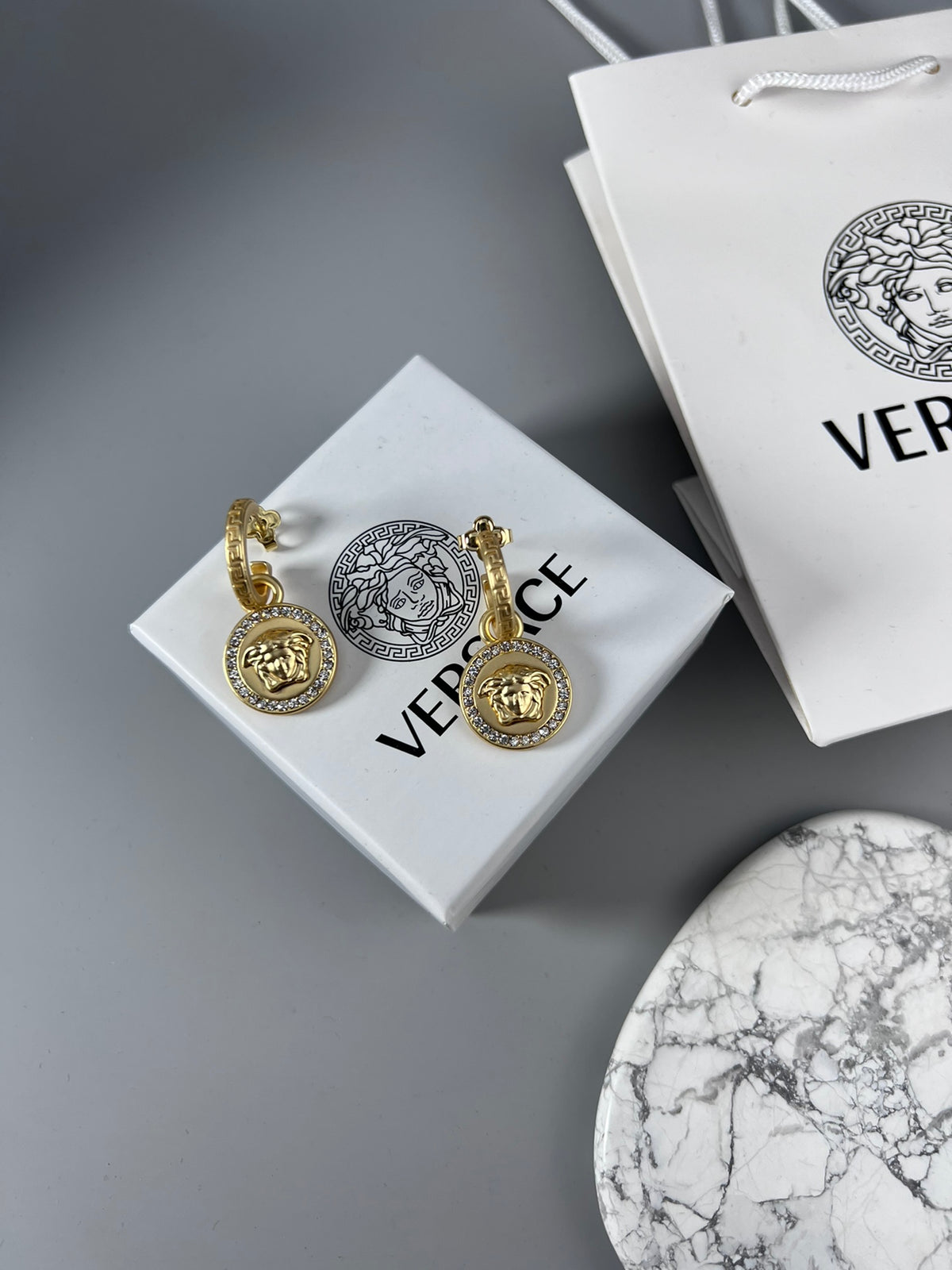 Statement Emblem Stud Earrings in Polished Metal-Tone – Design 02 detail view