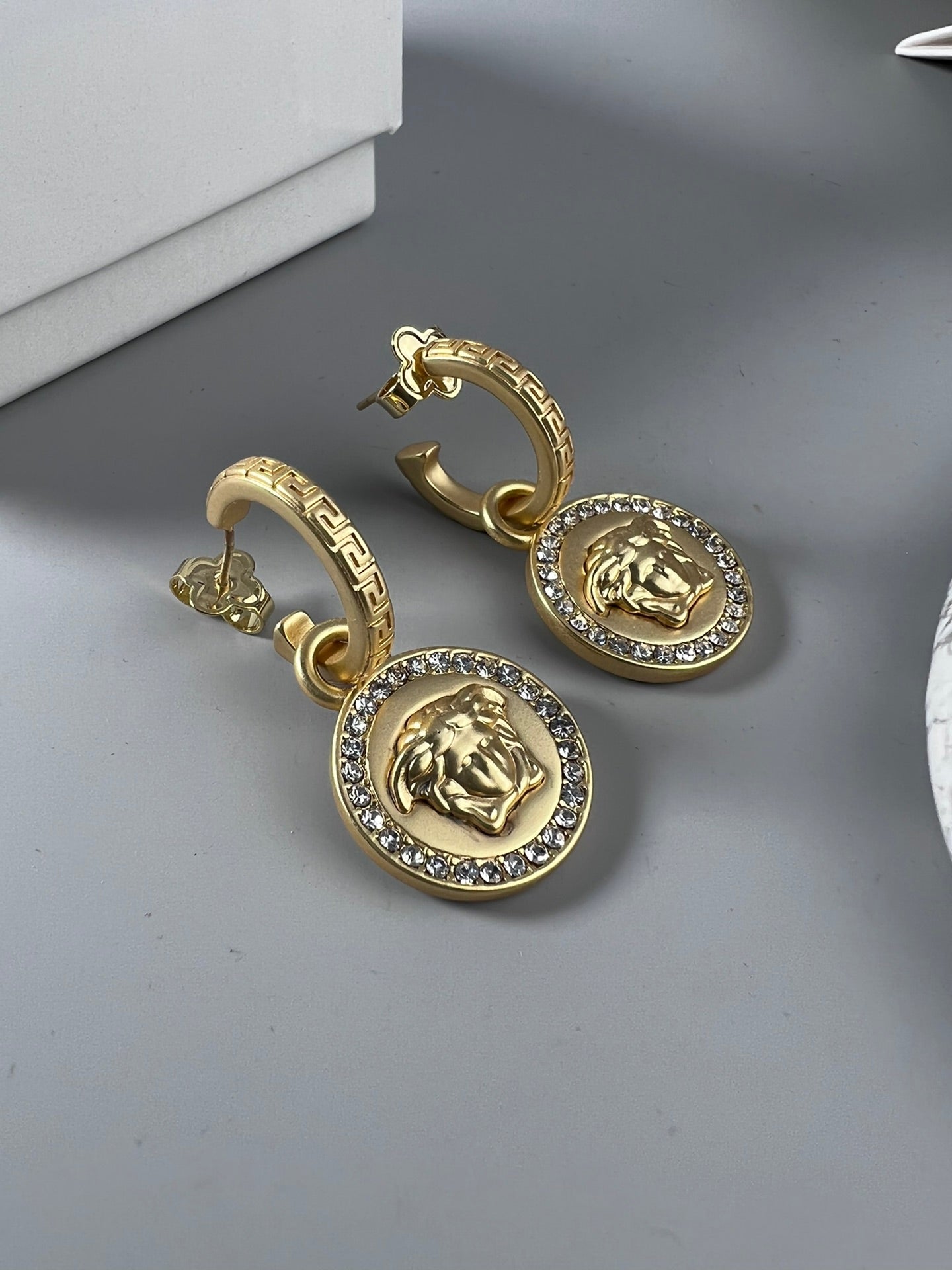Statement Emblem Stud Earrings in Polished Metal-Tone – Design 02 front product view