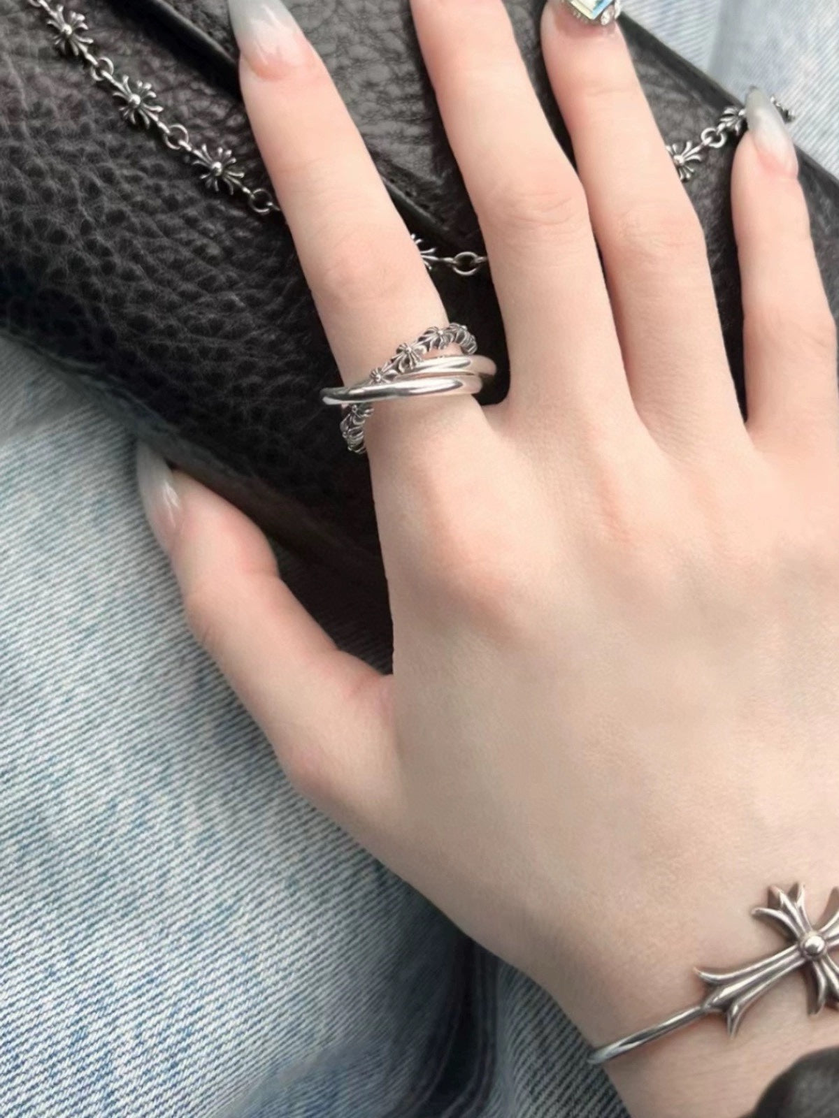 Gothic Emblem Statement Ring in Antique Silver-Tone detail view