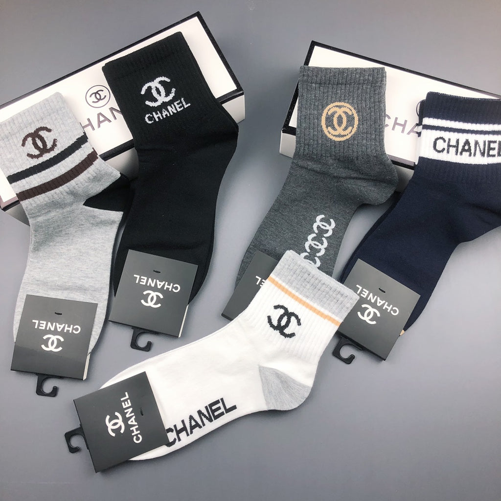 Chanel Cotton Visible Colour, Cuff And Emblem Details Crew Socks - 5-Pair Set