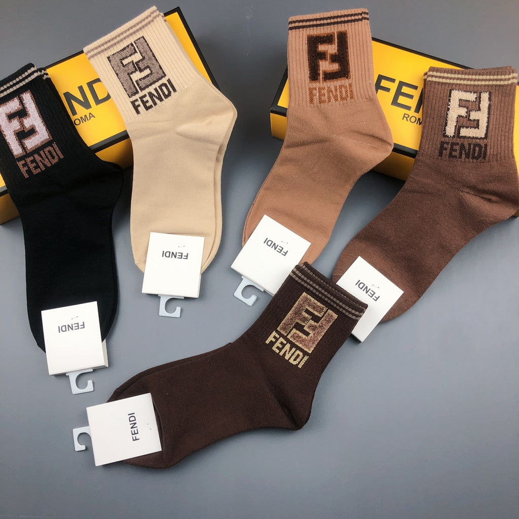 Fendi Cotton Visible Colour, Cuff And Emblem Details Crew Socks - 5-Pair Set