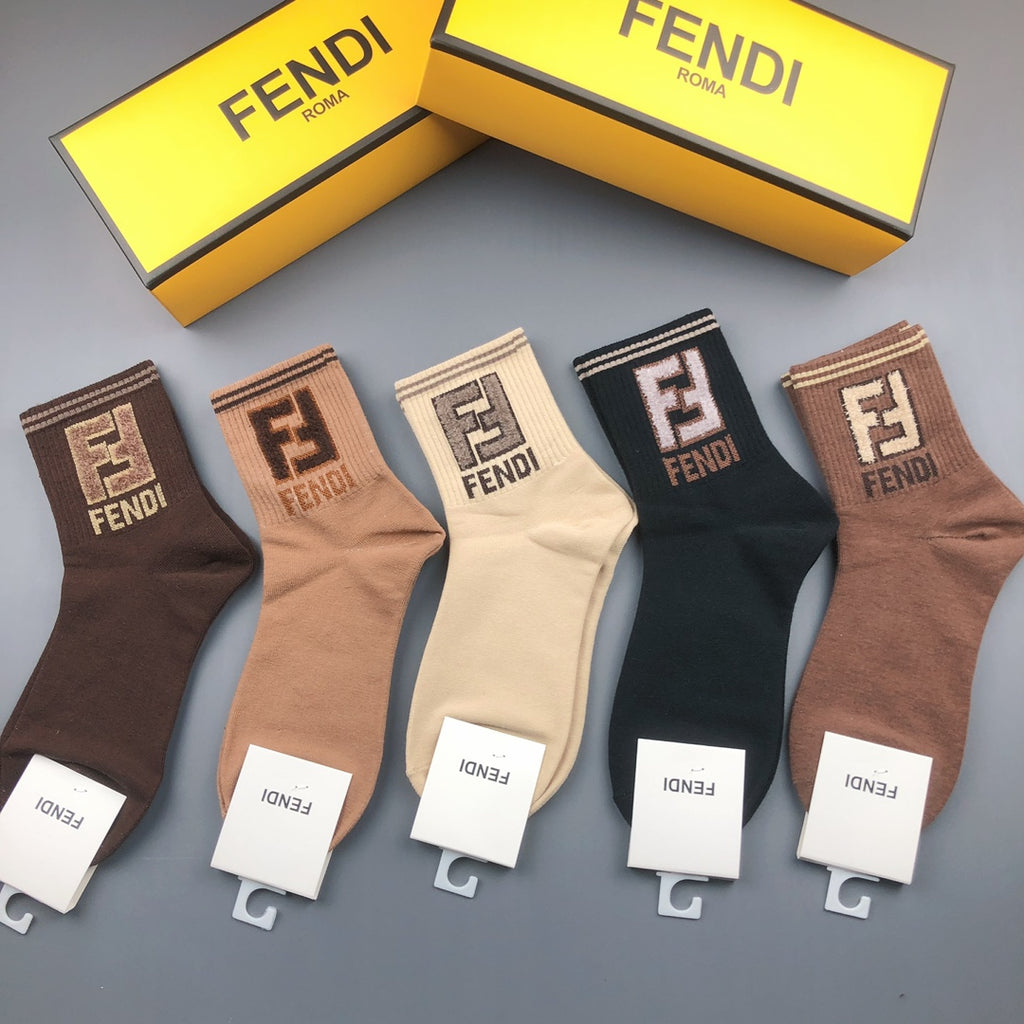 Fendi Cotton Visible Colour, Cuff And Emblem Details Crew Socks - 5-Pair Set