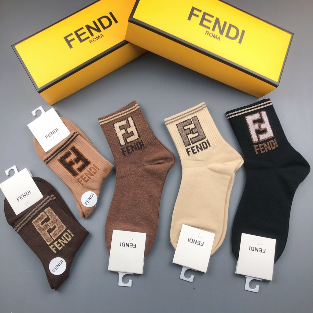 Fendi Cotton Visible Colour, Cuff And Emblem Details Crew Socks - 5-Pair Set