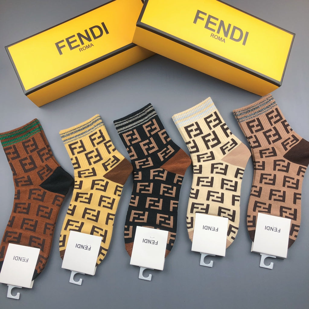 Fendi Geometric Logo Patterns Crew Socks - 5-Pair Set