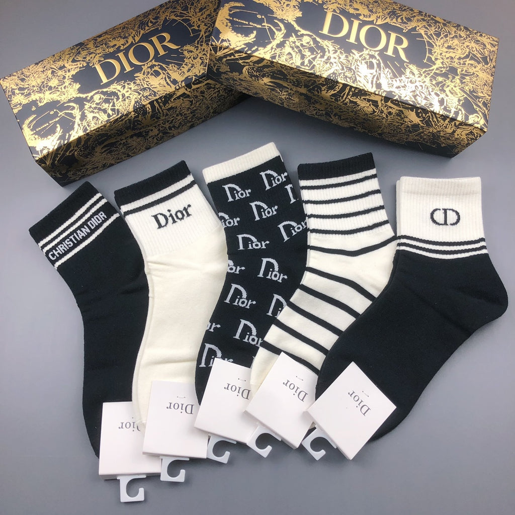 Dior Cotton Visible Colour, Cuff And Emblem Details Crew Socks - 5-Pair Set