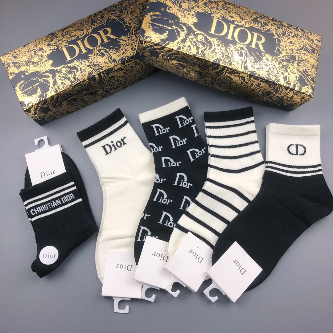 Dior Monogram-Style And Striped Designs Crew Socks - 5-Pair Set