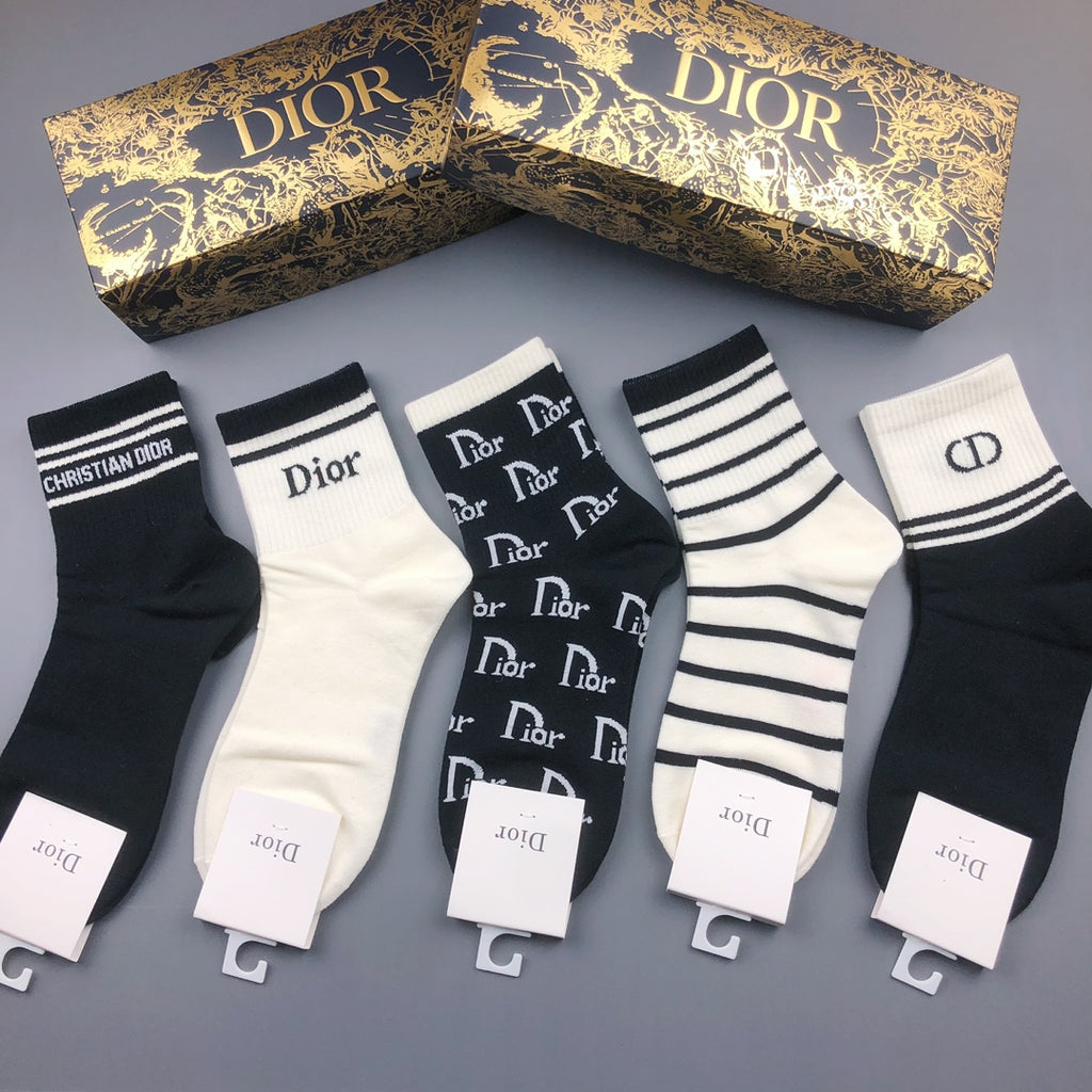 Dior Monogram-Style And Striped Designs Crew Socks - 5-Pair Set