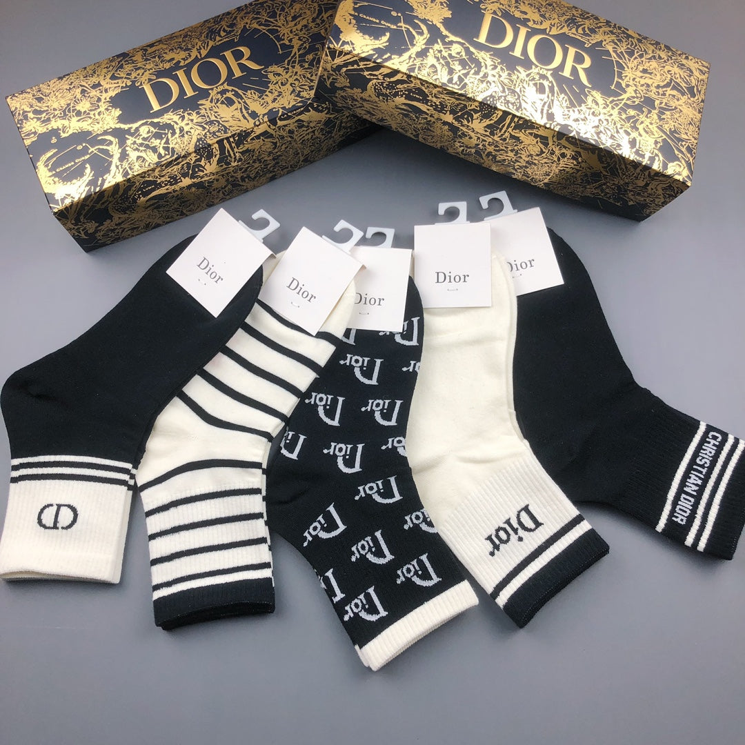 Dior Cotton Visible Colour, Cuff And Emblem Details Crew Socks - 5-Pair Set