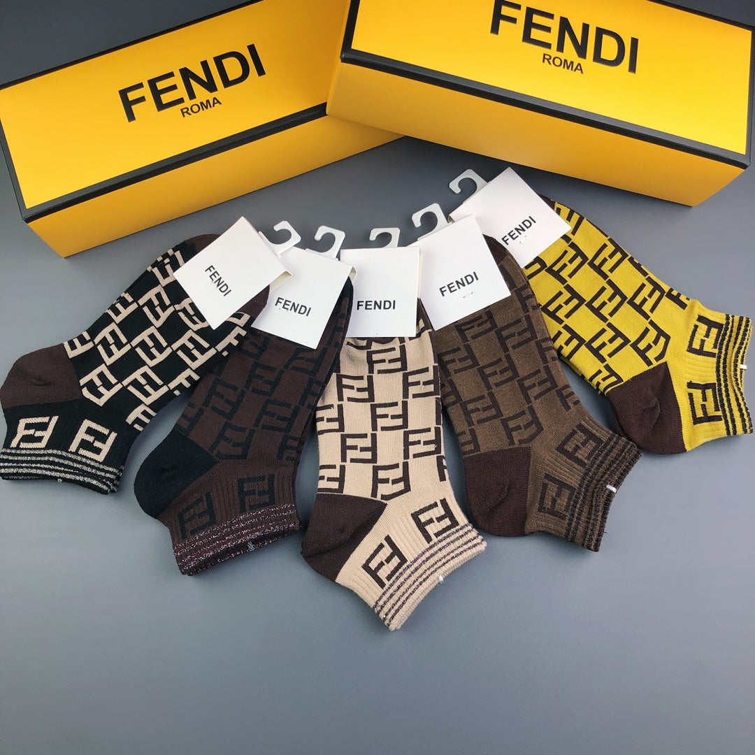 Fendi Visible Colour, Cuff And Emblem Details No-Show Socks - 5-Pair Set