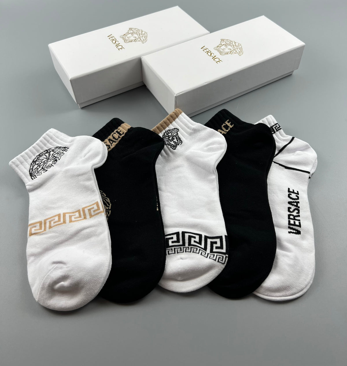 Versace Cotton blend Visible Colour, Cuff And Emblem Details No-Show Socks - 5-Pair Set