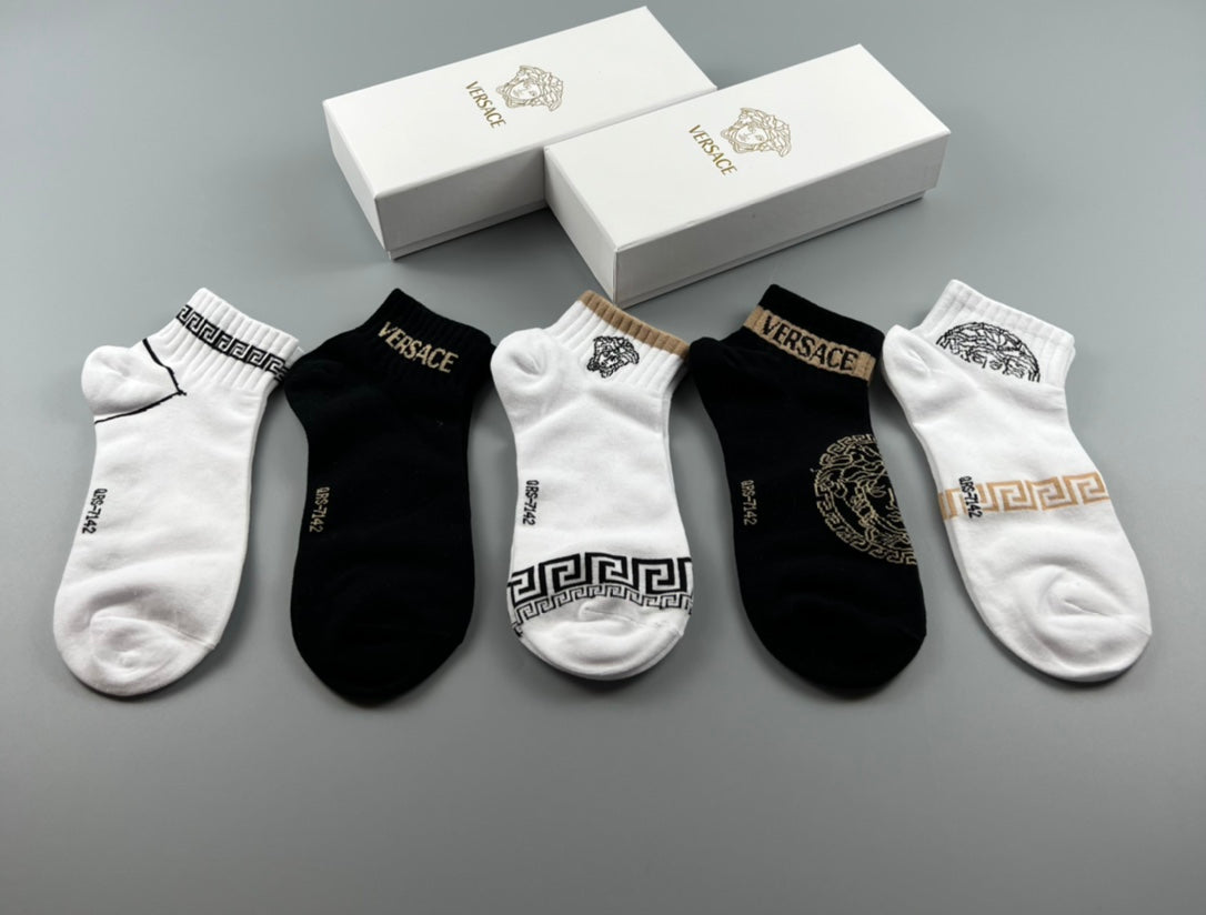 Versace Cotton blend Gold Medallion And Greek-Key Details Ankle Socks - 5-Pair Set