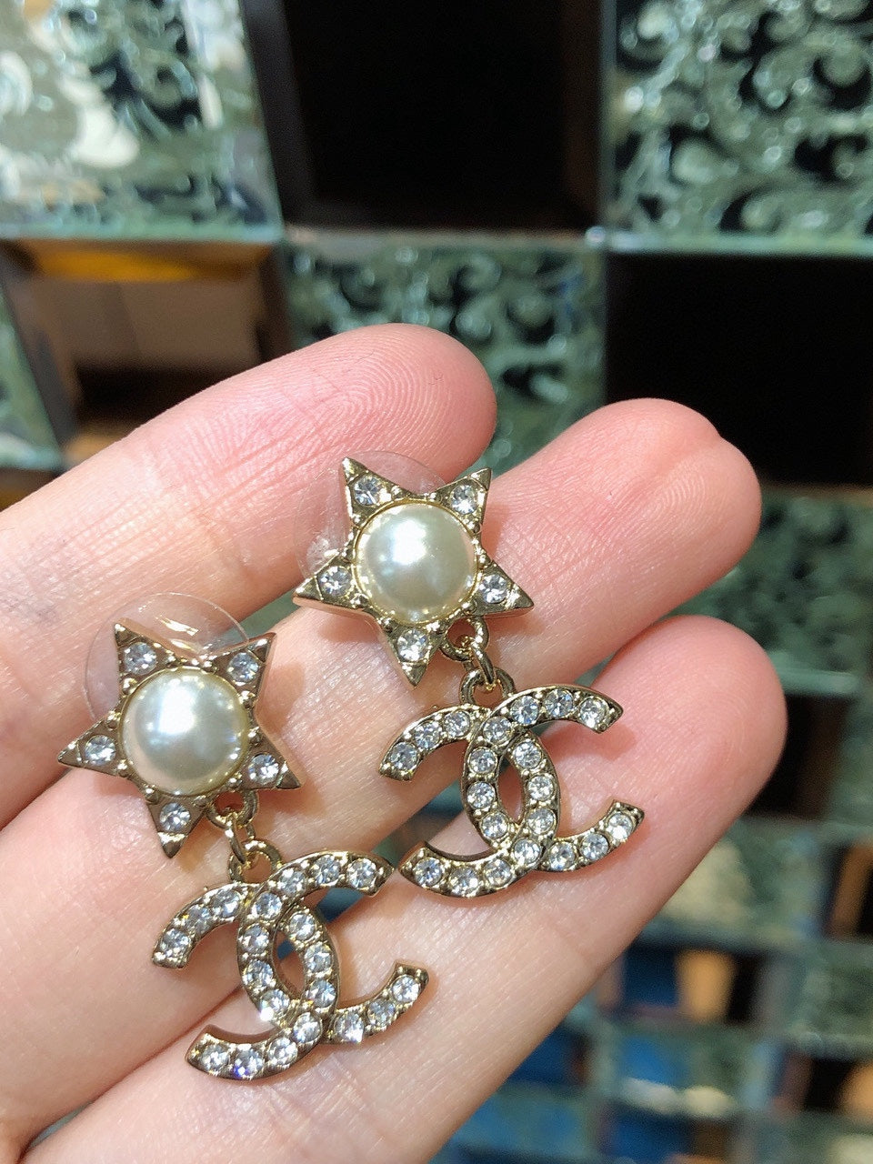 Double-C Emblem Pearl-Detail Stud Earrings – Pearl Detail – Design 027 front product view