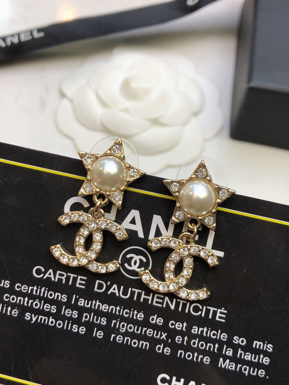 Double-C Emblem Pearl-Detail Stud Earrings – Pearl Detail – Design 027 styled product view