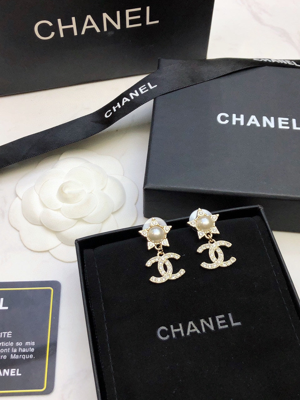 Double-C Emblem Pearl-Detail Stud Earrings – Pearl Detail – Design 027 front product view