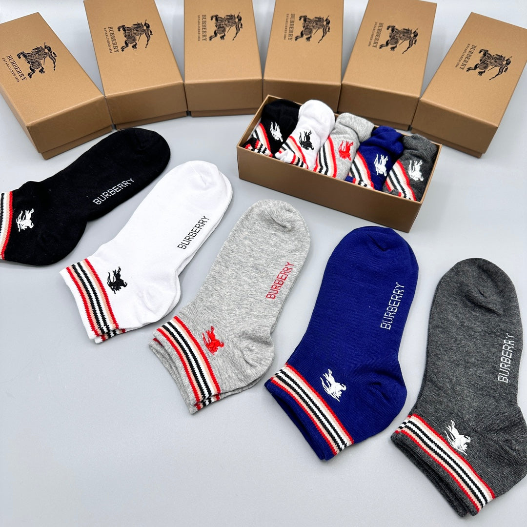 Burberry Stripe And Small Horse Details Ankle Socks - 5-Pair Set