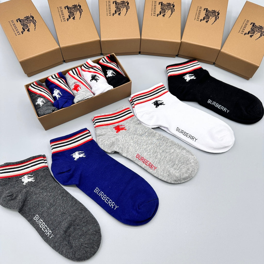 Burberry Stripe And Small Horse Details Ankle Socks - 5-Pair Set