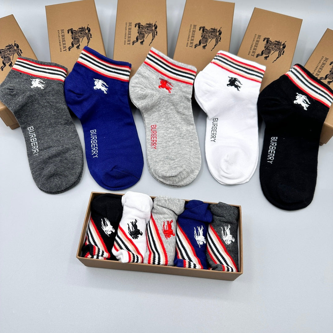 Burberry Red-White-Blue Stripe Accents No-Show Socks - 5-Pair Set