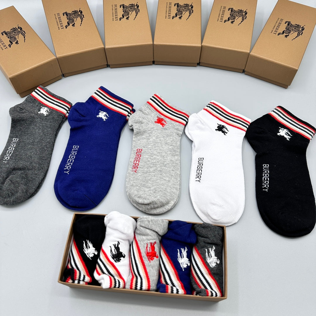 Burberry Stripe And Small Horse Details Ankle Socks - 5-Pair Set