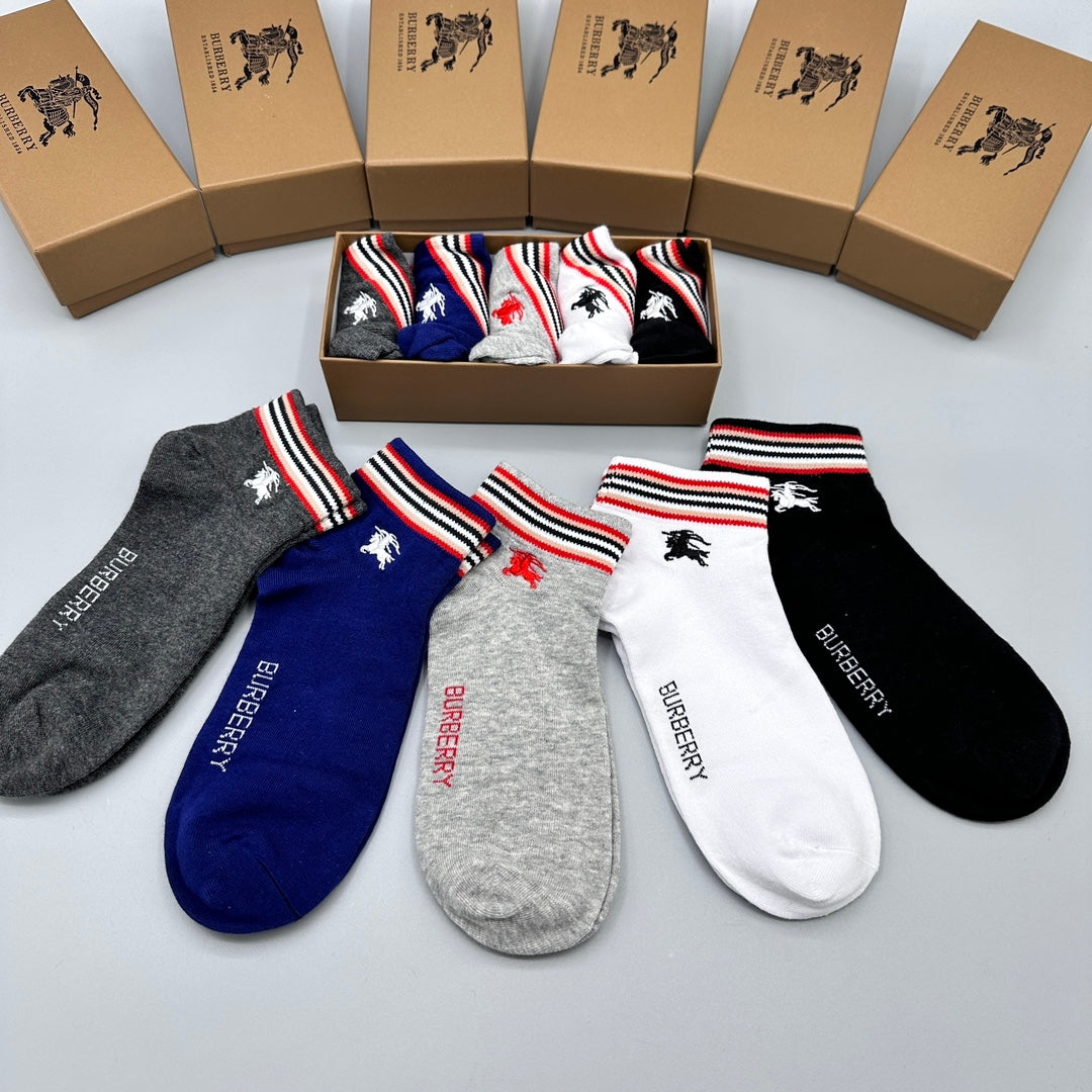 Burberry Cotton Visible Colour, Cuff And Emblem Details No-Show Socks - 5-Pair Set