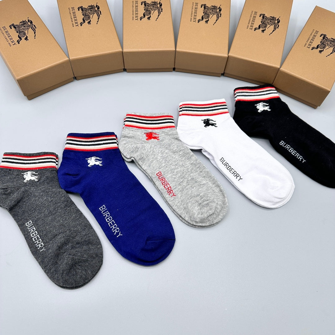 Burberry Cotton Visible Colour, Cuff And Emblem Details No-Show Socks - 5-Pair Set