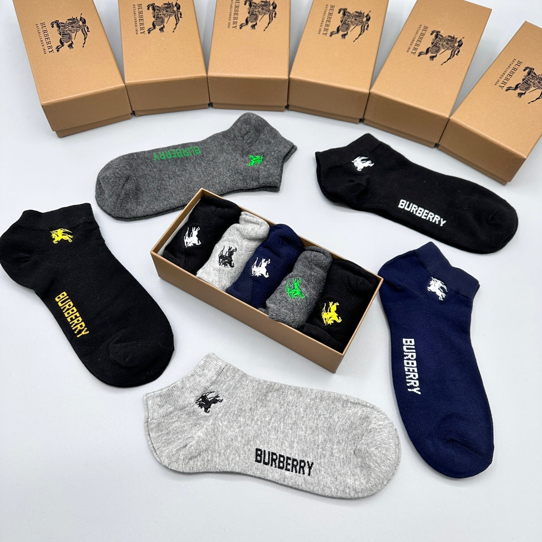Burberry Cotton Visible Colour, Cuff And Emblem Details No-Show Socks - 5-Pair Set